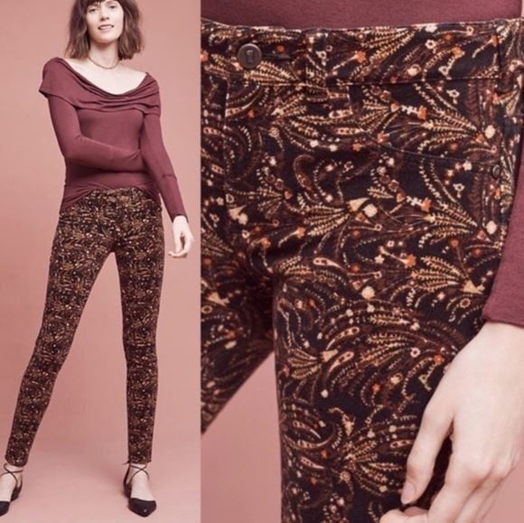 Anthropologie Pilcro Serif Corduroy Paisley Brown and Black Print Skinny Pants
