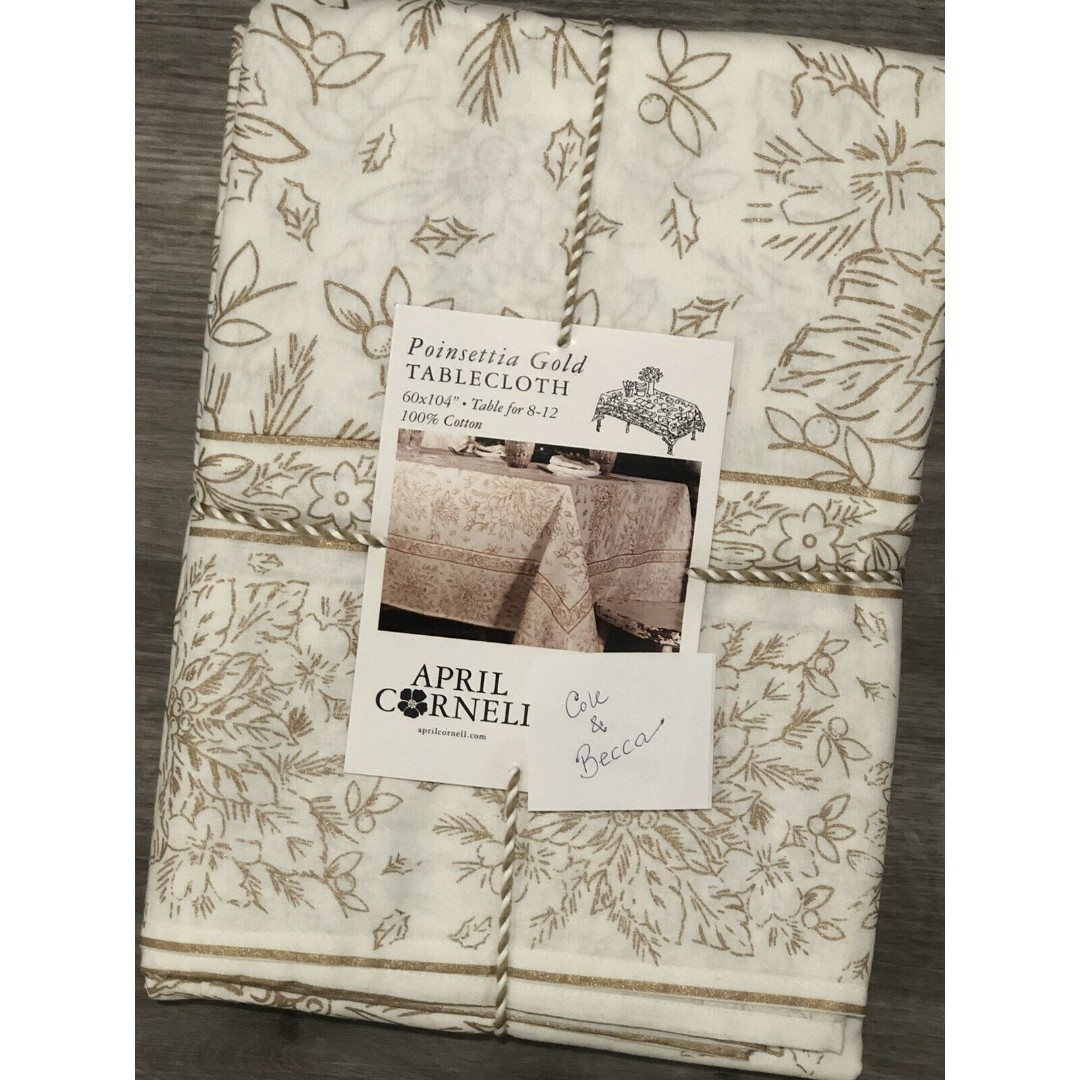 April Cornell Christmas Tablecloth “Poinsettia Gold” 60x104 New Cotton Floral