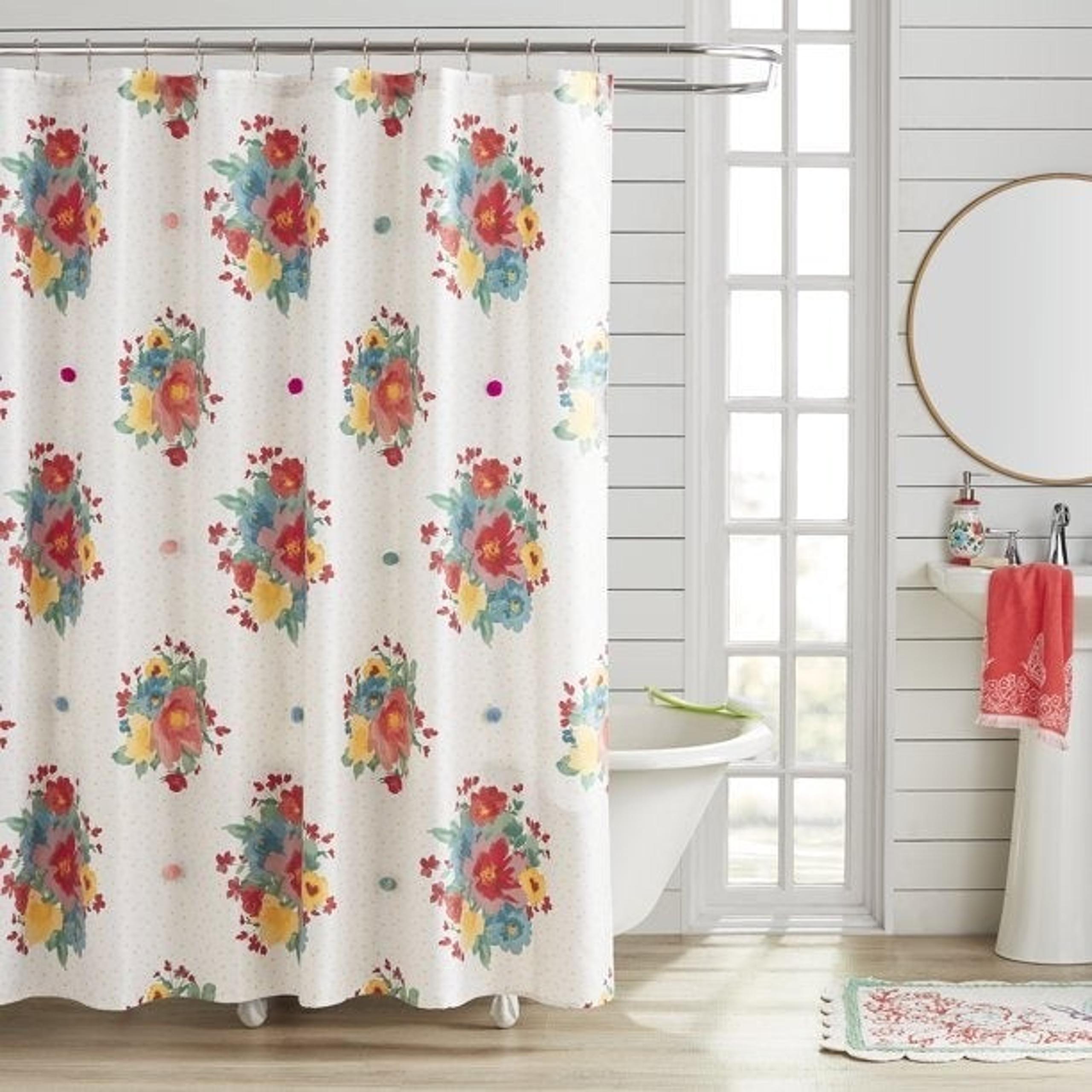 Pioneer Woman Breezy Blossom Floral Applique Fabric Shower Curtain 72"x72"New