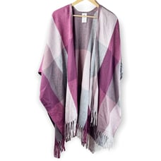 WOOLRICH Burgundy Gray Fringe Plaid Shawl Women's One Size