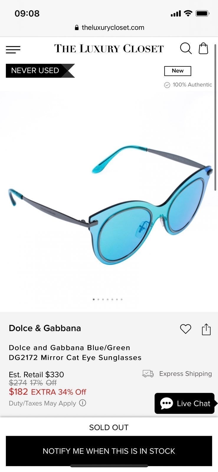 Dolce and Gabbana blue/green mirror cat eye sunglasses