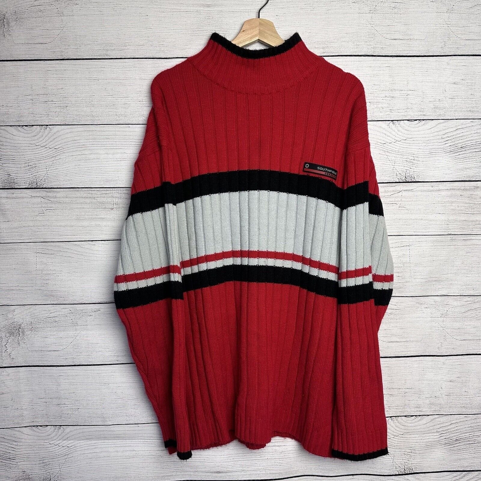 Retro Southpole Heavy Knit Sweater Y2K Streetwear Mens XL Ribbed Colorblock Red