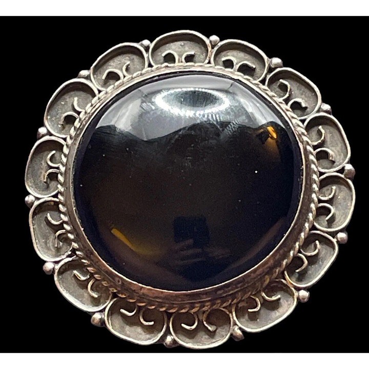 Vintage Mexico Sterling Silver 925 Obsidian Brooch Pin Pendant Taxco?