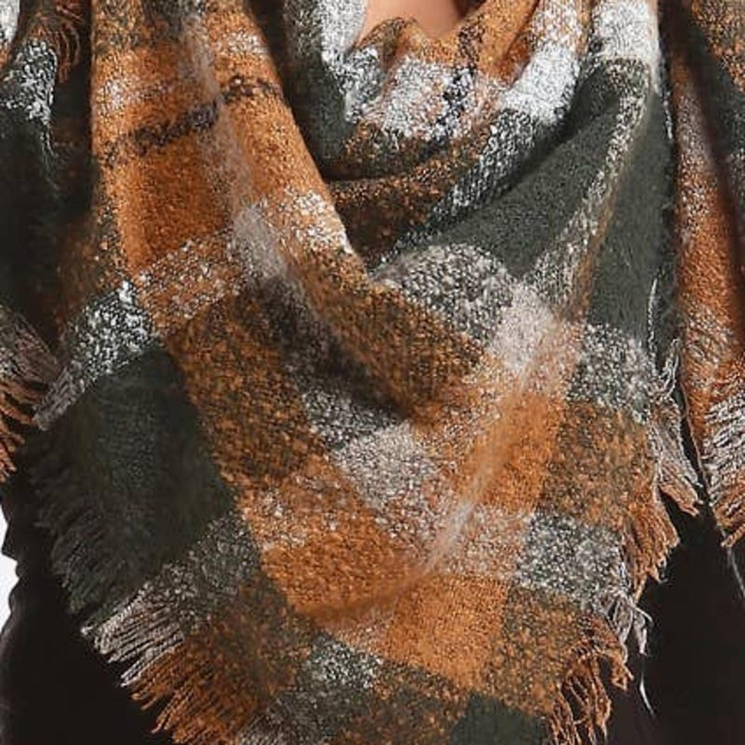 Brown Olive Black Cream Plaid Frayed Blanket Scarf
