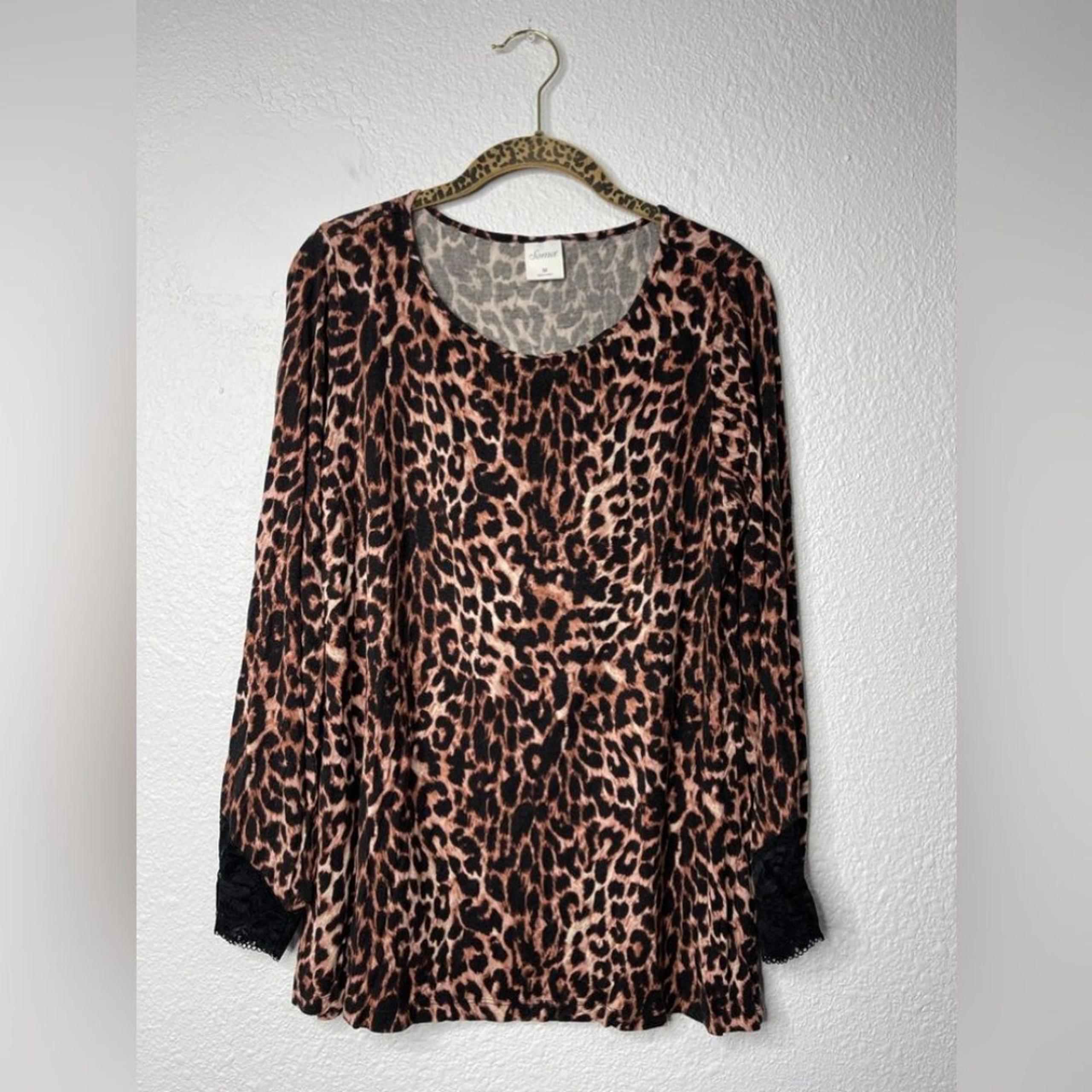 SOMA Leopard Cool Nights Long Sleeve Lace Inset Pajama Top Size Medium