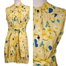Vintage 60s Small Yellow Floral Shirt Dress Belted Casual Daisy Spread Collar