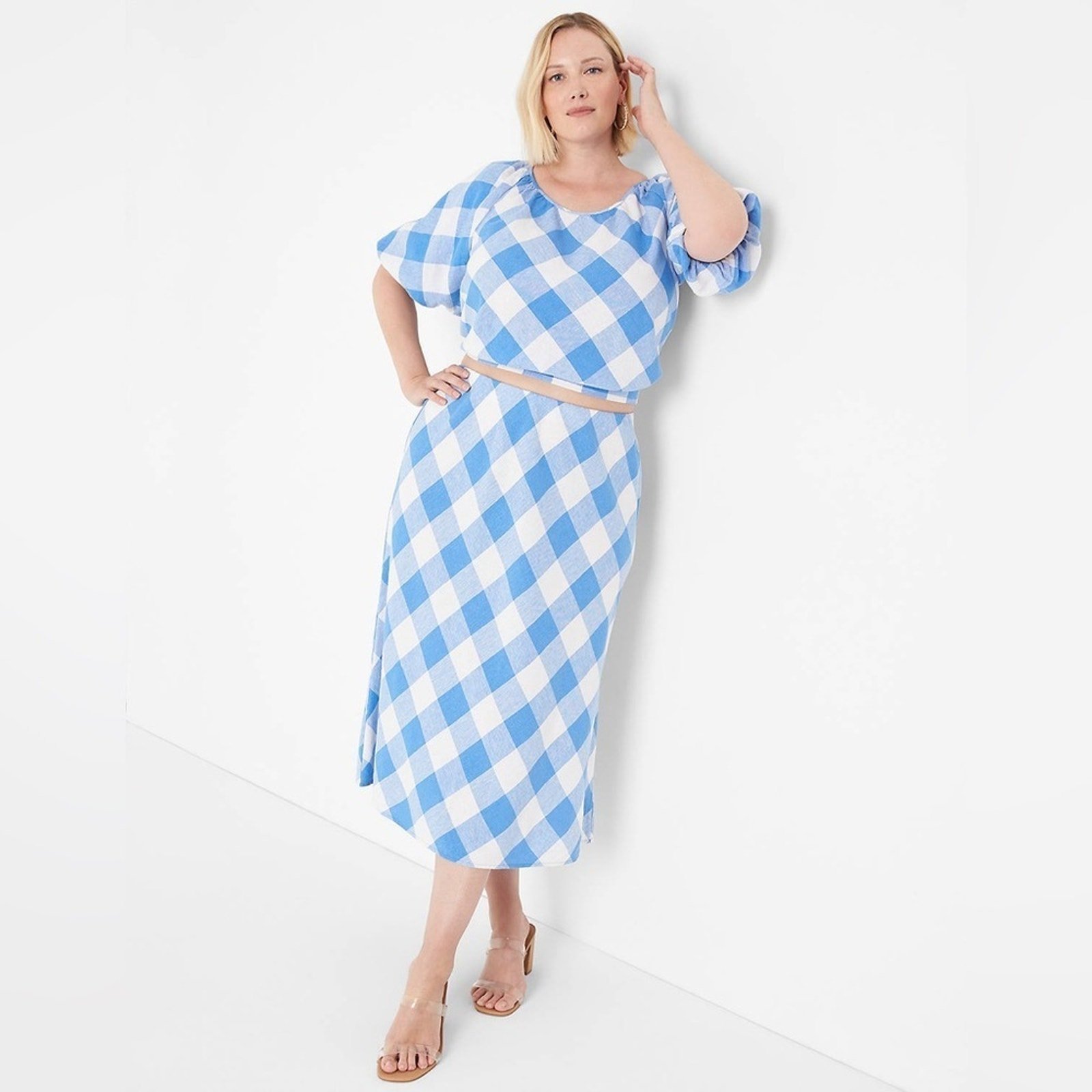 LANE BRYANT Crop Balloon-Sleeve Top & midi skirt set LINEN Lattice Check SIZE 22