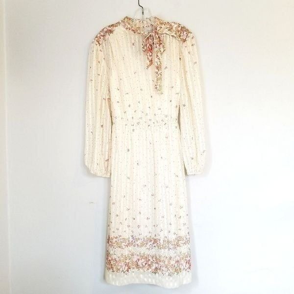 Vintage 70's Cottagecore Sheer Floral Neck Tie Long Sleeve Pleated Midi Dress