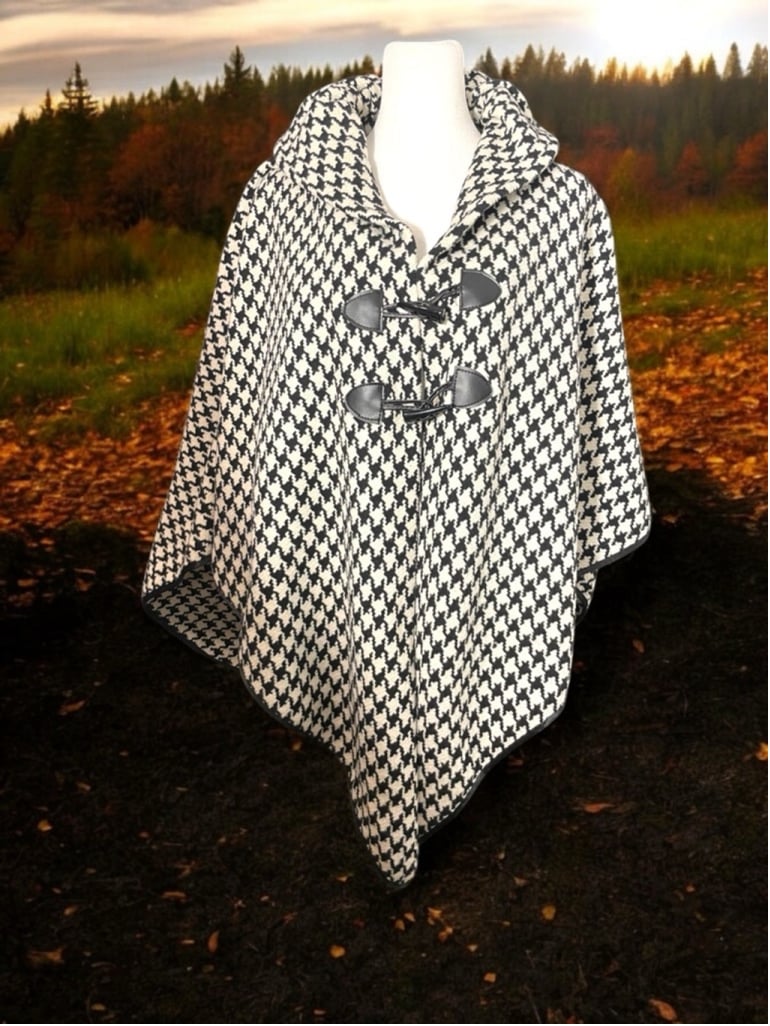 One size. Black & white houndstooth Poncho classy toggle buttons cape
