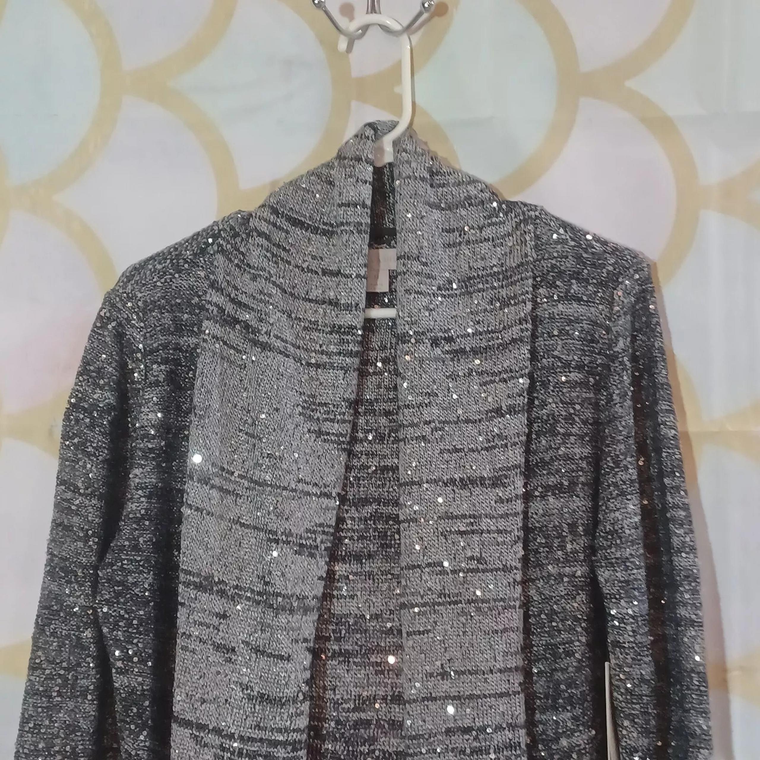 Laura Ashley Roman Holiday Cardigan Women's Medium Blk/Silver Open Front $102NWT