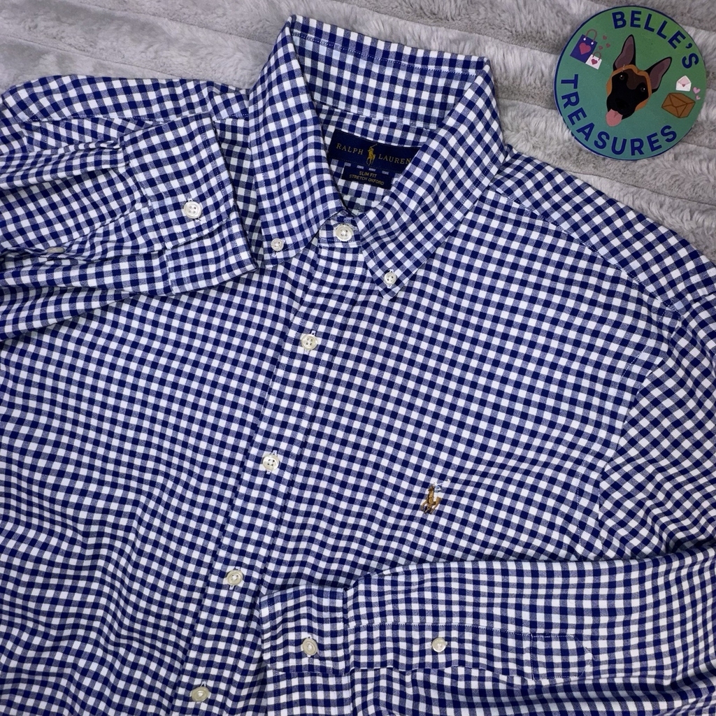 Ralph Lauren Shirt Large Blue Gingham Check Slim Fit Stretch Oxford Flesh Pony