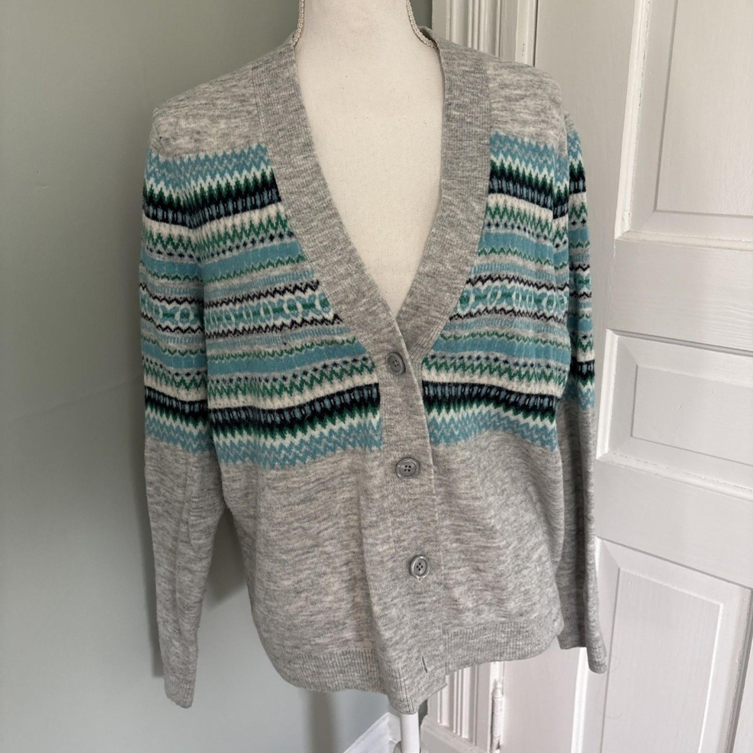 Talbots Cardigan Fair Isle Womens Size Large Gray Blue Button Down