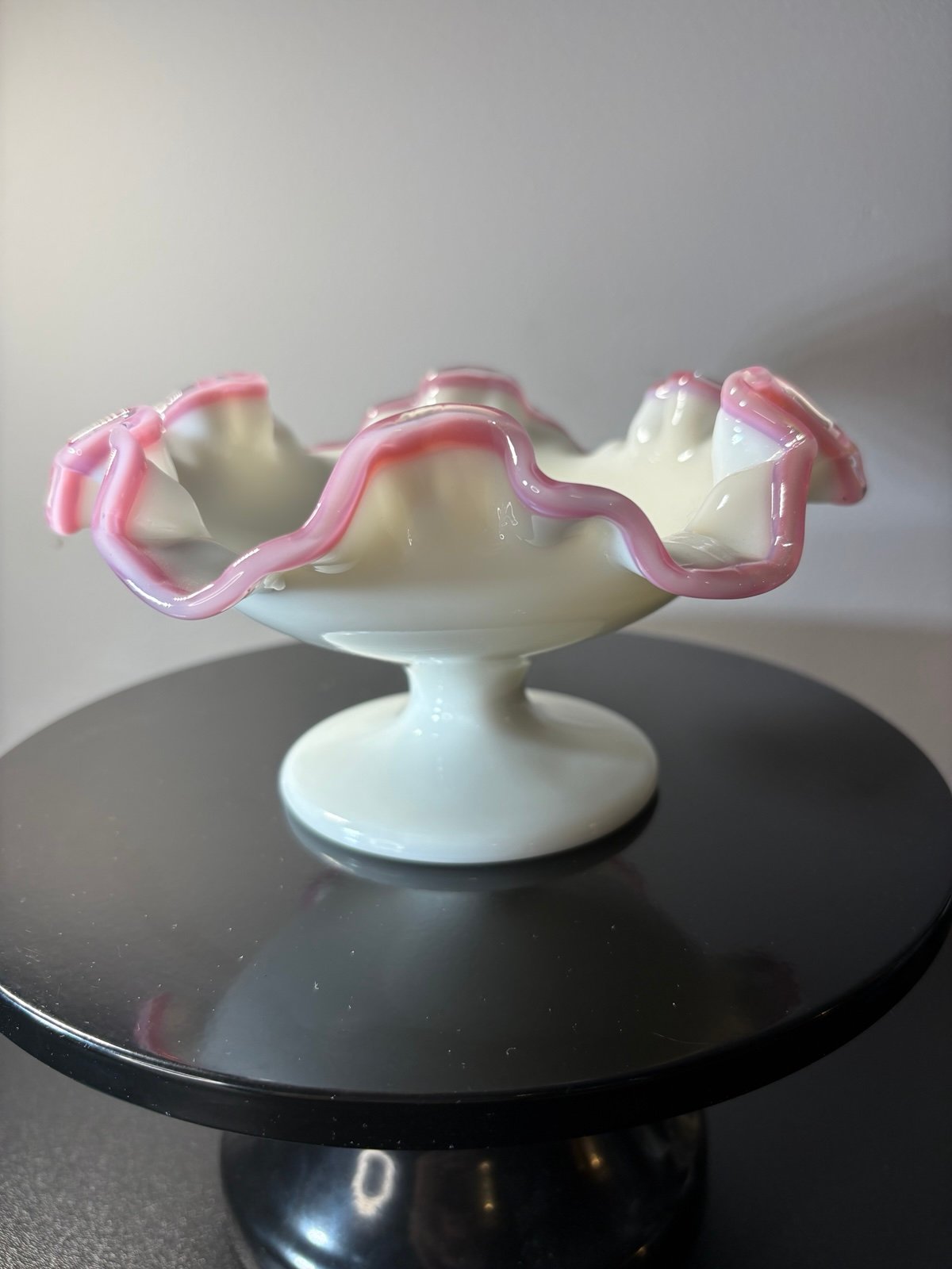 Rare Fenton Apple Blossom Crest Compote Comport Milk Glass With Pink Edge