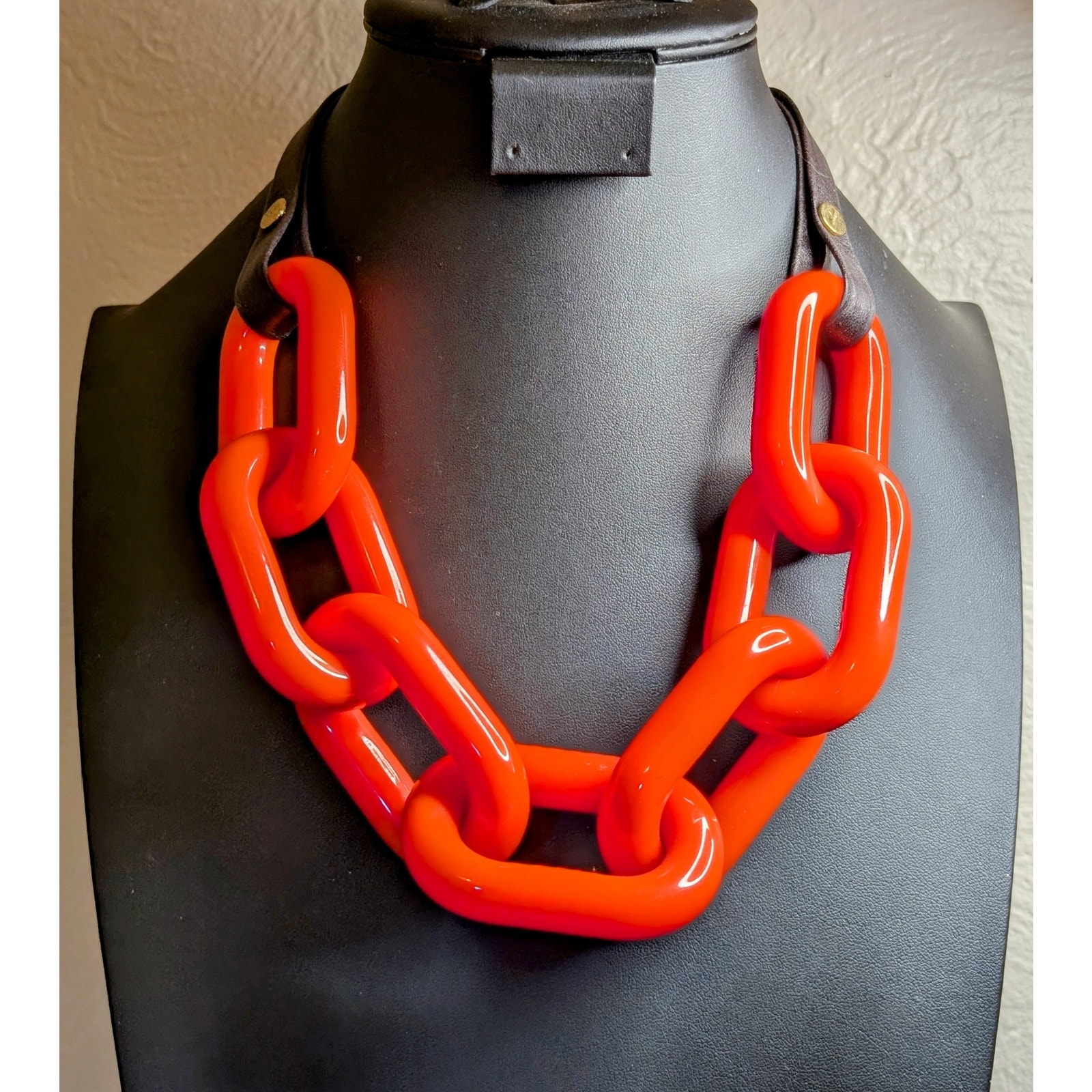 RARE Stamped BEN AMUN Orange Lucite Large Cuban Link Chain 22 Necklace