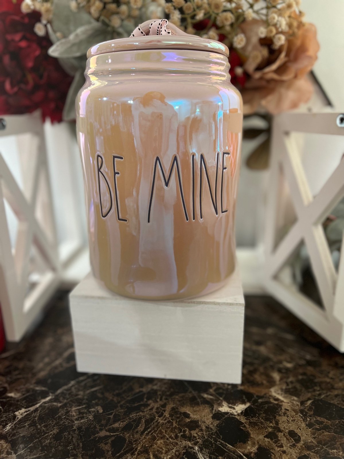 Rae Dunn pink iridescent be mine canister
