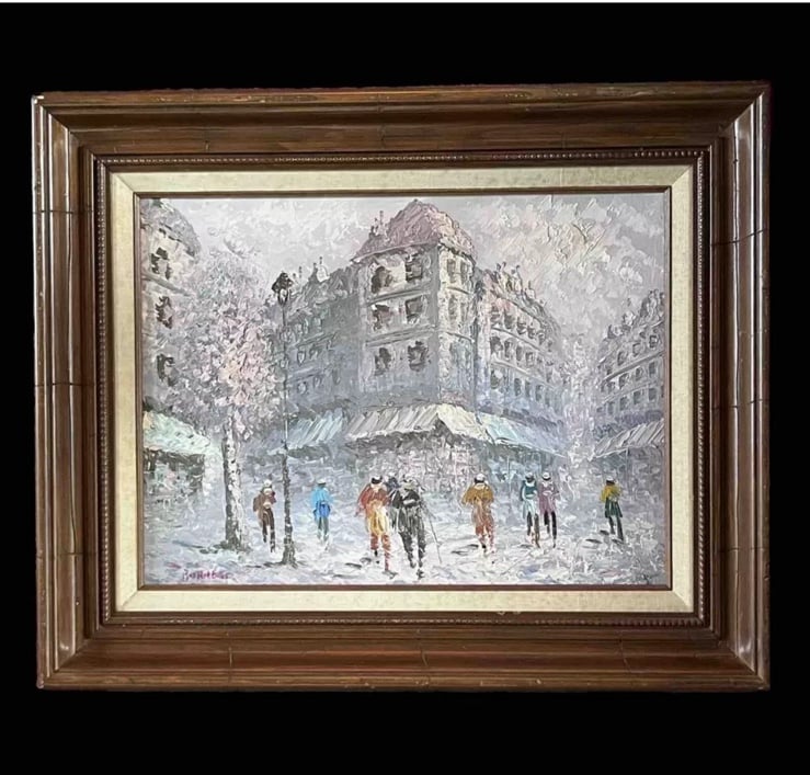 Caroline C. Burnett Vintage French Street Scene Painting Framed Signed