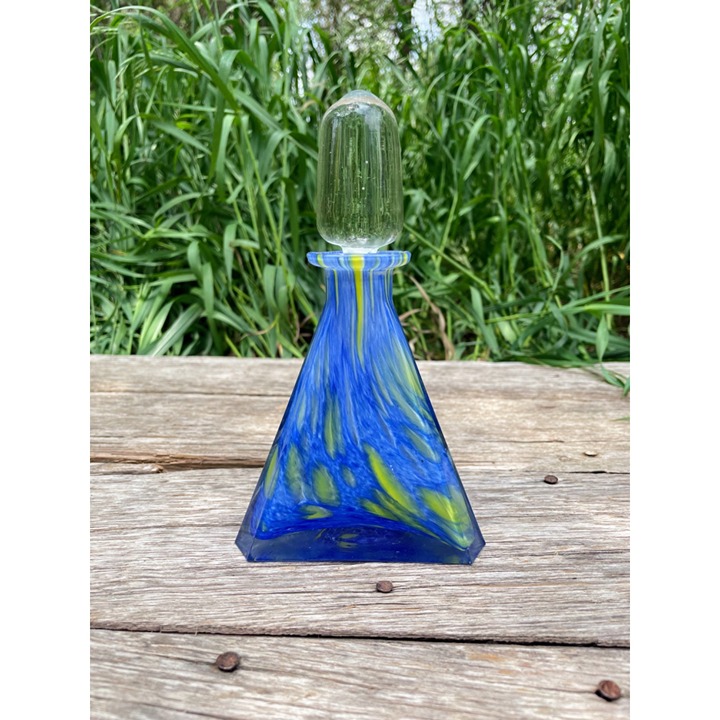 Vintage 1960s MCM Art Glass Petite Decanter Blue Yellow Swirl