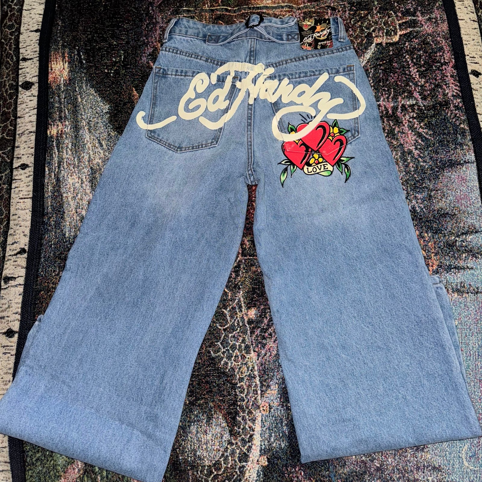 Ed Hardy Heart Dagger Love Wide Leg Loose Fit Retro Light Jeans Size 32 Y2K