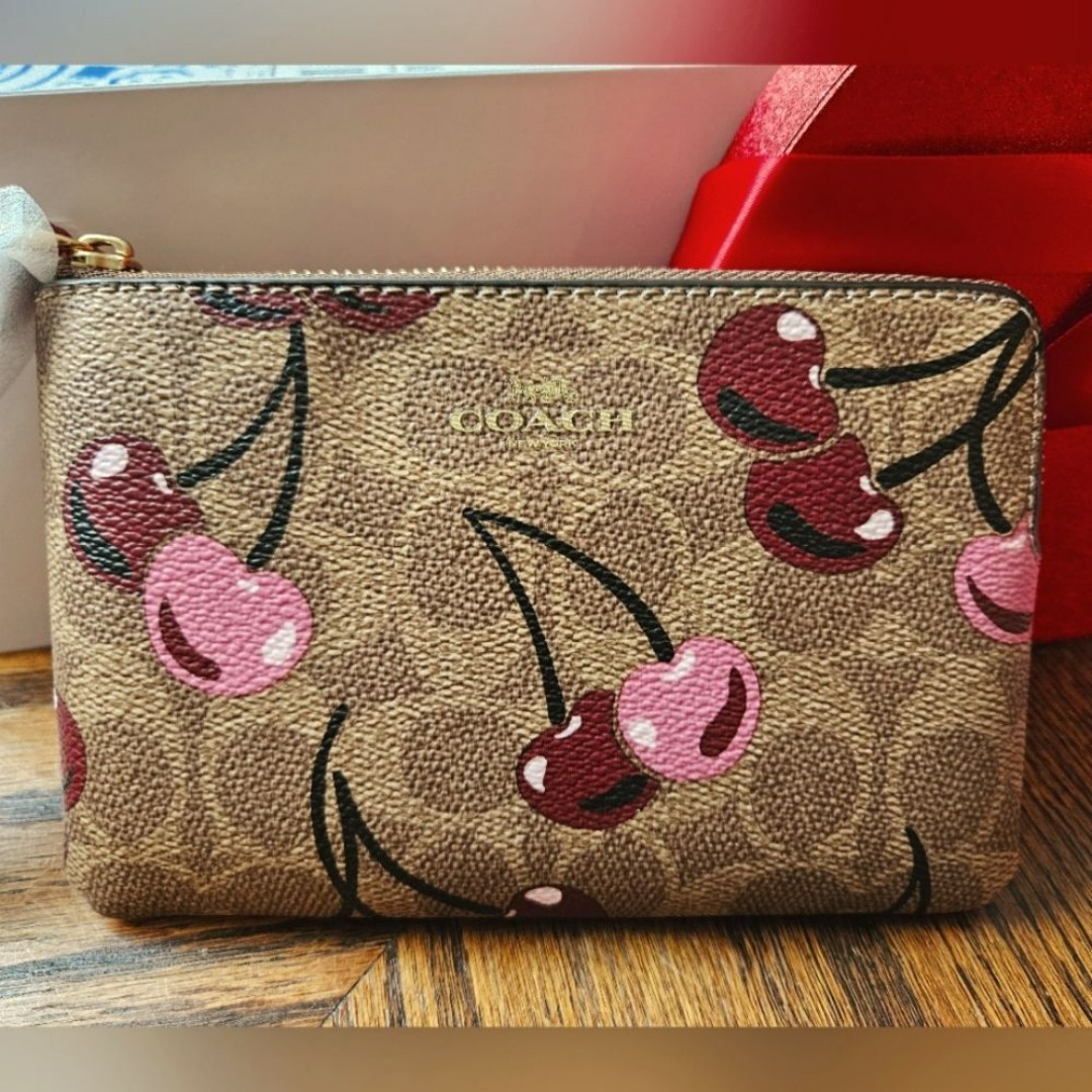 Coach Corner Zip Wristlet- Cherries and Signature Canvas NWTS