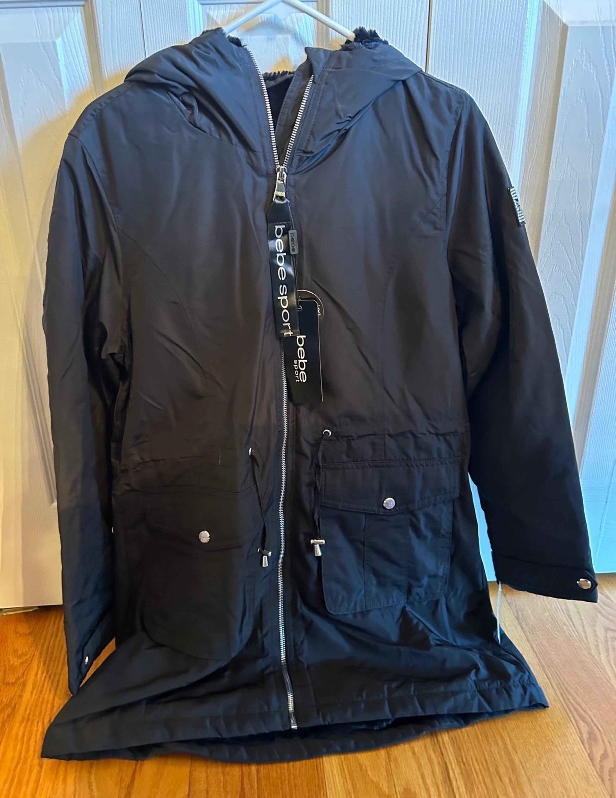 Bebe Women’s Lined Parka Black Jacket With Hood ~ Medium
