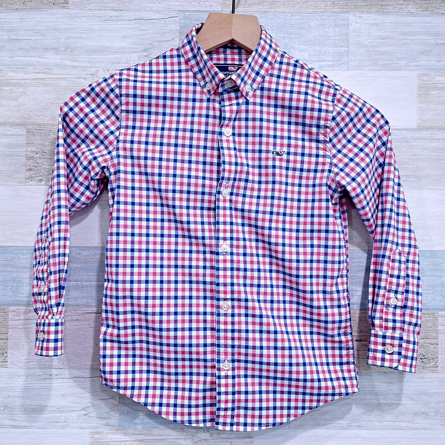 Vineyard Vines Performance Whale Shirt Blue Red Gingham Plaid Long Sleeve Boys 6