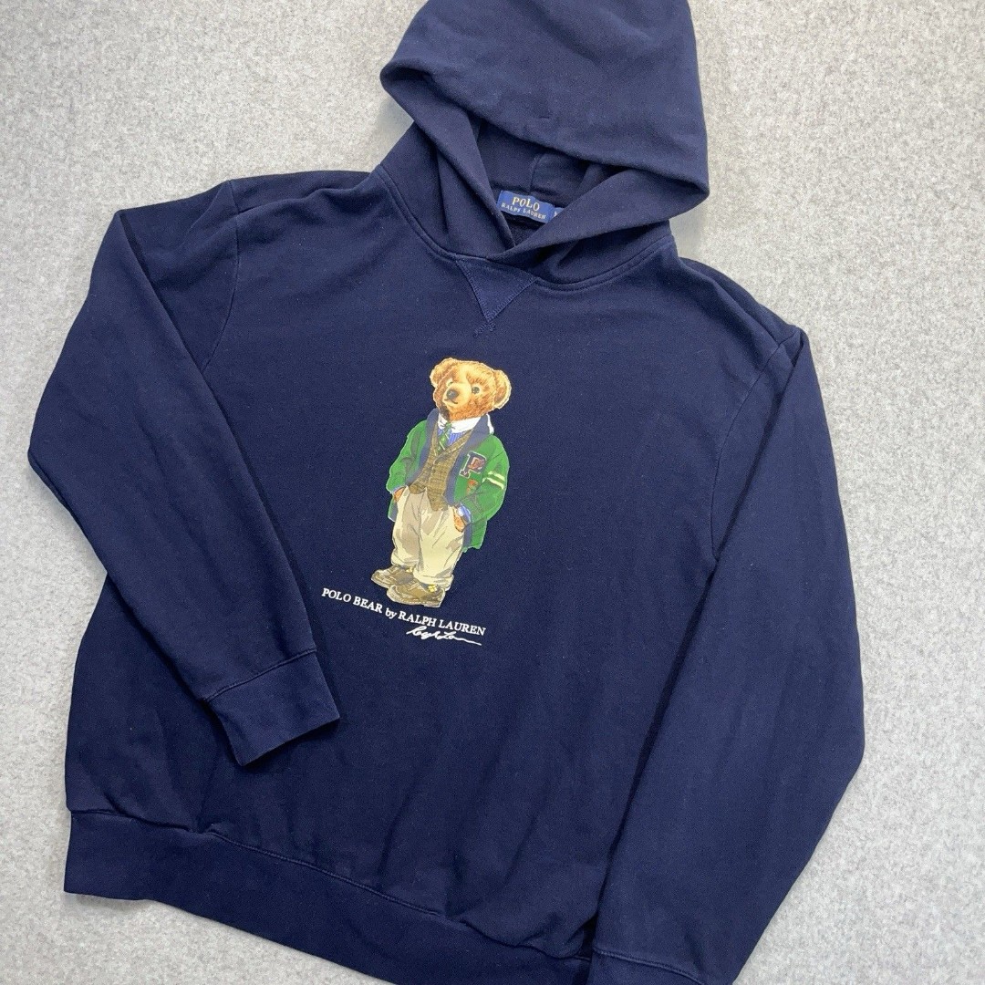 POLO Ralph Lauren Collegiate Polo Bear Fleece Hoodie Mens Large L Blue RARE