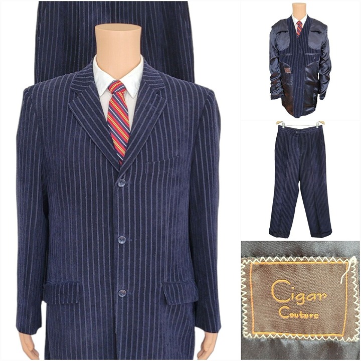 Cigar Couture Mens Two Piece Suit Jacket Blazer 40L Velvet Striped Navy 33x30.5