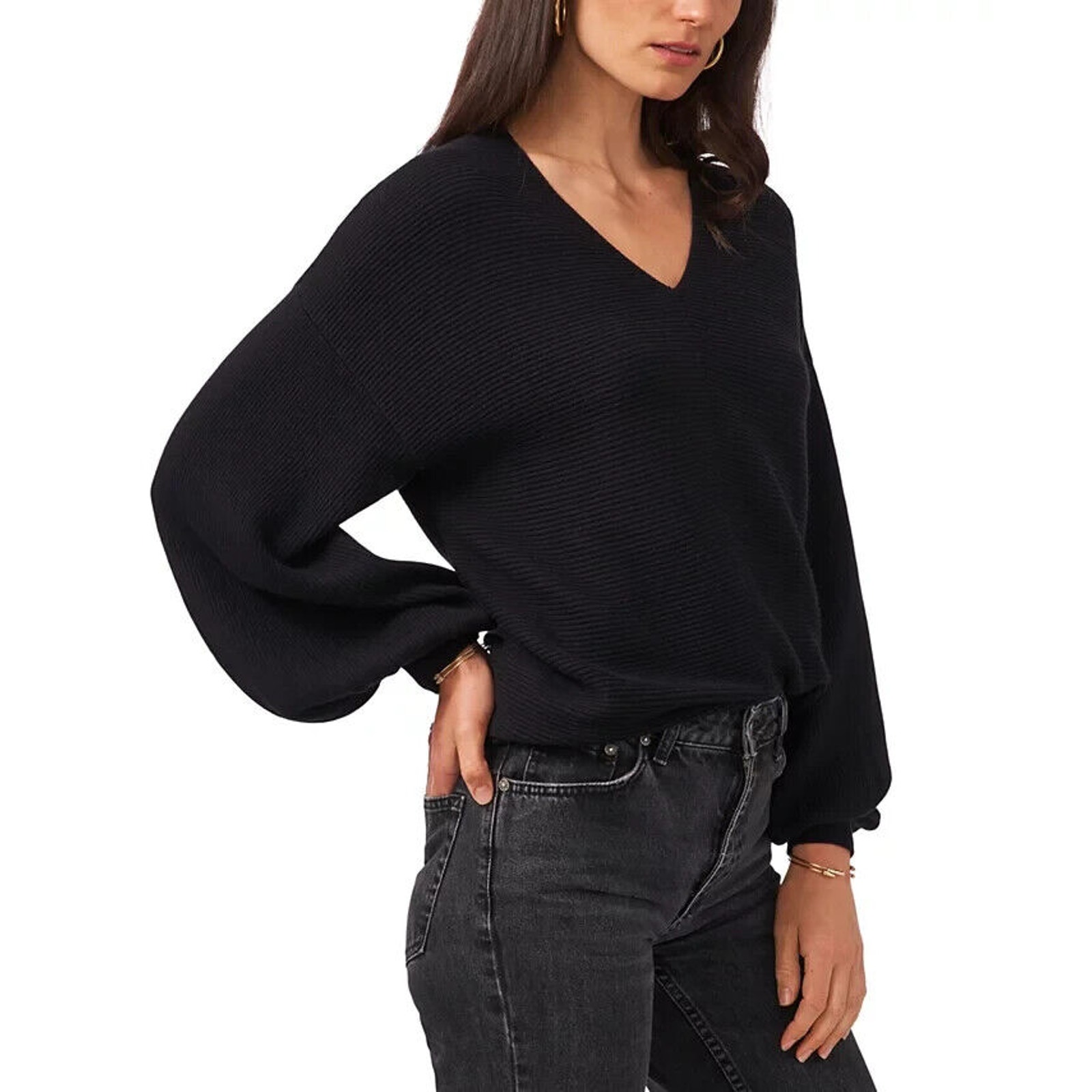 1.State NWT Women's Rib-Knit Bubble Sleeve Long Sleeve V-Neck Sweater Black M