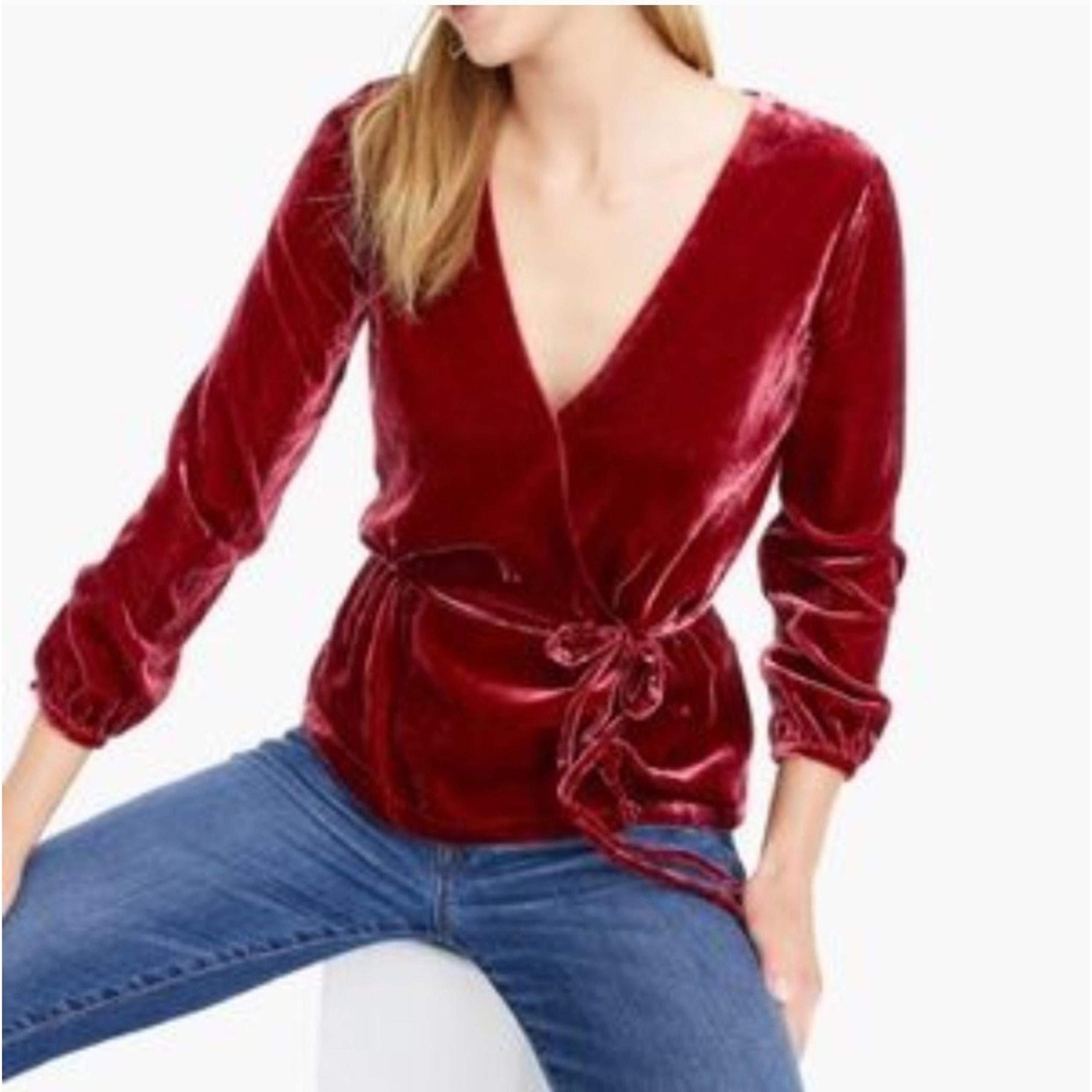 J.Crew Velvet Faux Wrap Top Blouse Long Sleeve Tie Waist Burgundy Size 6