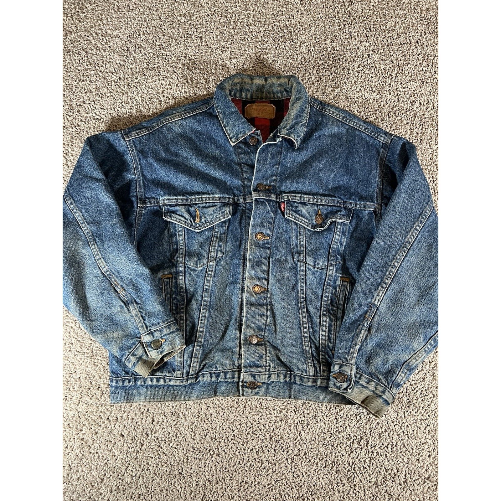 Vintage Levi's Jacket Mens L Buffalo Plaid Flannel Lined Denim 70417 USA Faded