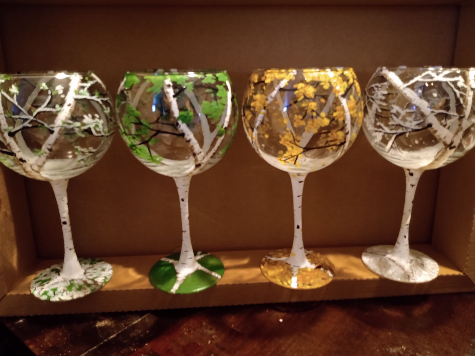 Hand Painted Wine Glasses Birch Tree 4 Seasons