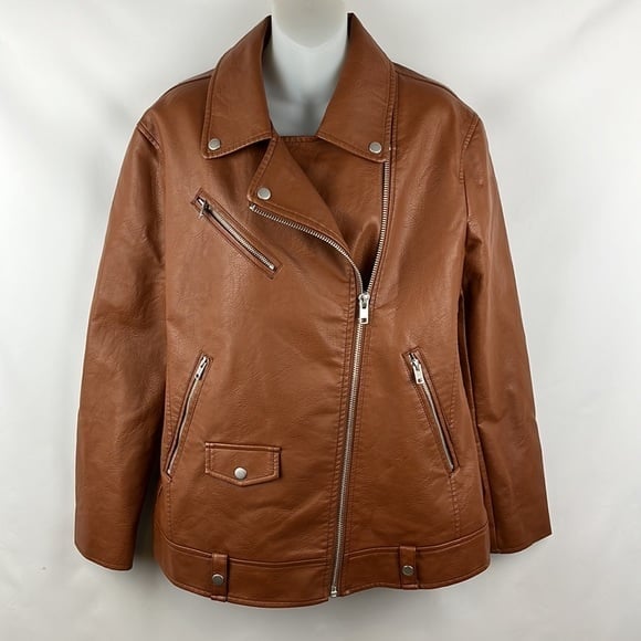 7 For All Mankind Faux Leather Brown Biker Full Zip Jacket Size M‎ - New