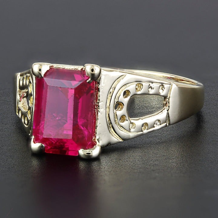 14k Yellow Gold Emerald-cut Lab-Created Ruby Lucky Horseshoe Pinky Ring