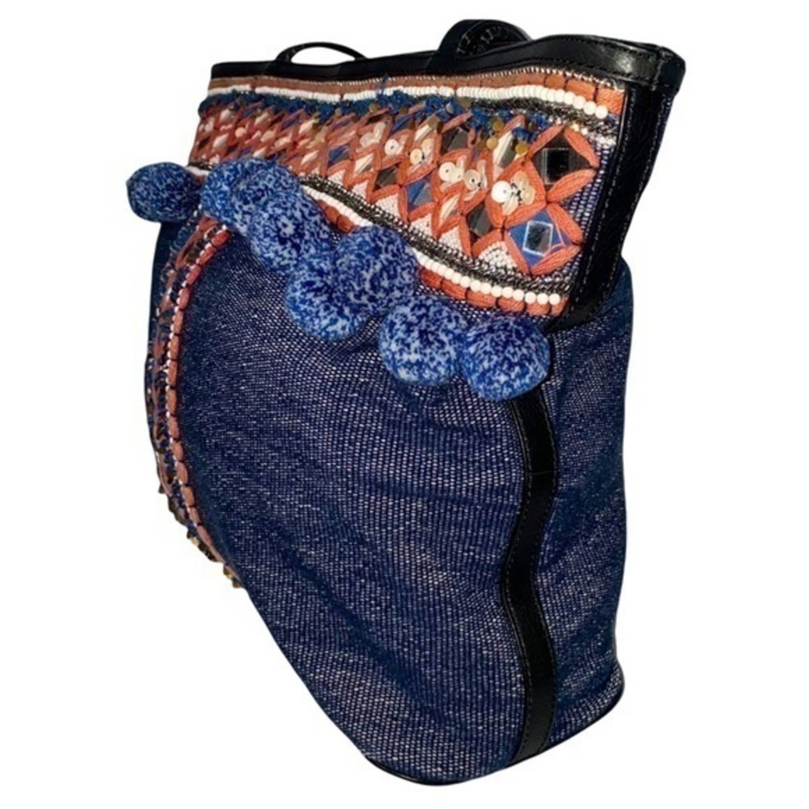 Rebecca Minkoff Denim Pom shops Pom Mirror & Sequin Large Satchel Tote Bag