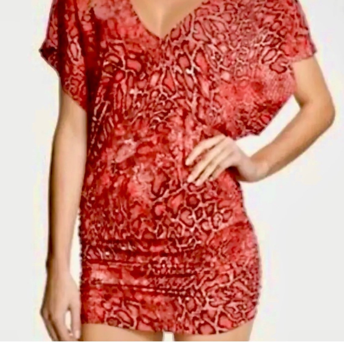 CARMEN MARC VALVO COUTURE Red Snakeskin Ruched Swim Cover Up Dress Size M/L