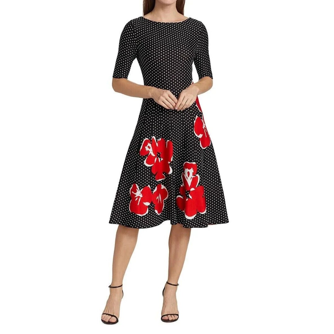 Carolina Herrera Boat-Neck Polka-Dot Floral Jacquard Dress Sz L