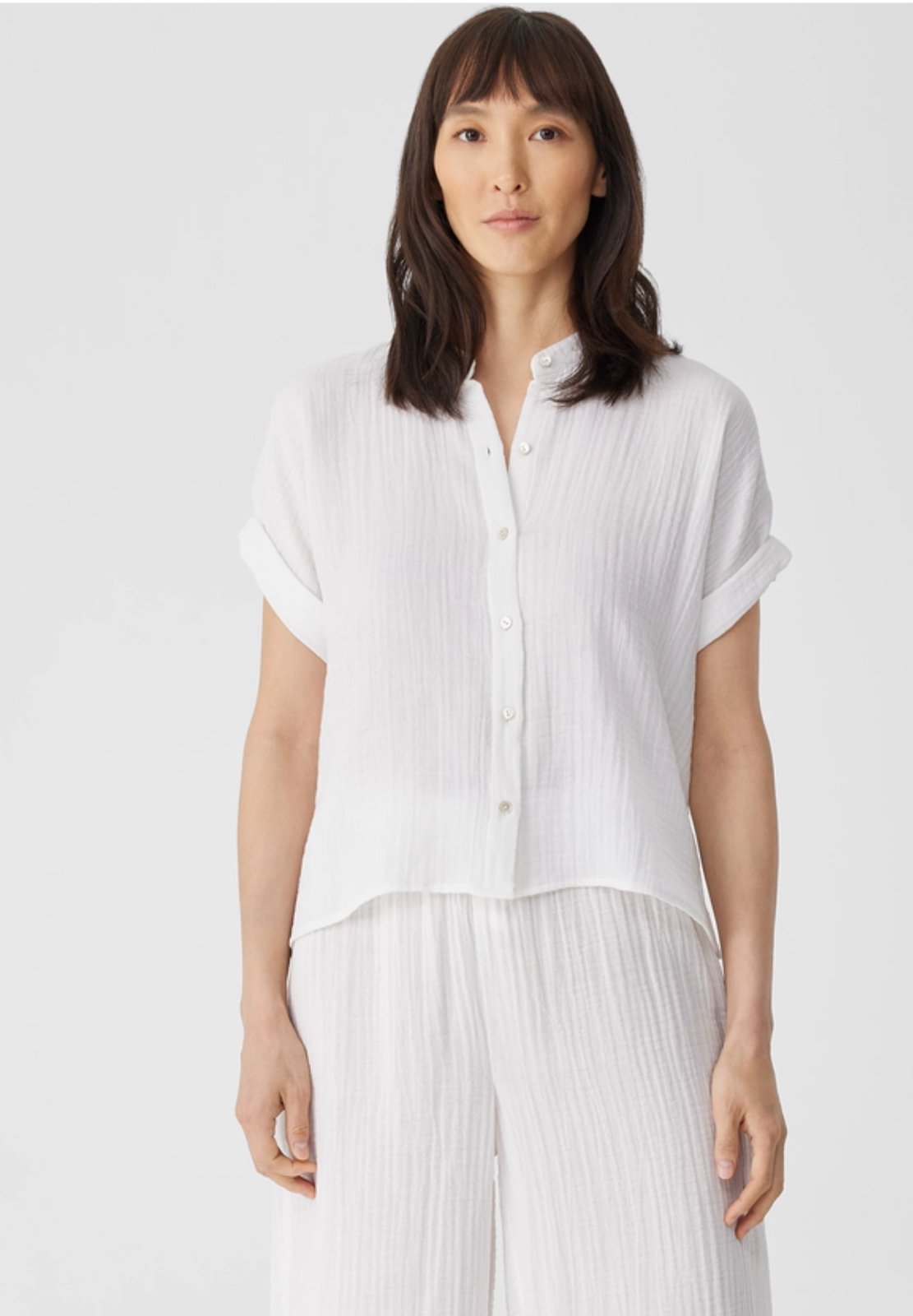 Eileen Fisher Organic Cotton Gauze Short-Sleeve Shirt White Size Medium