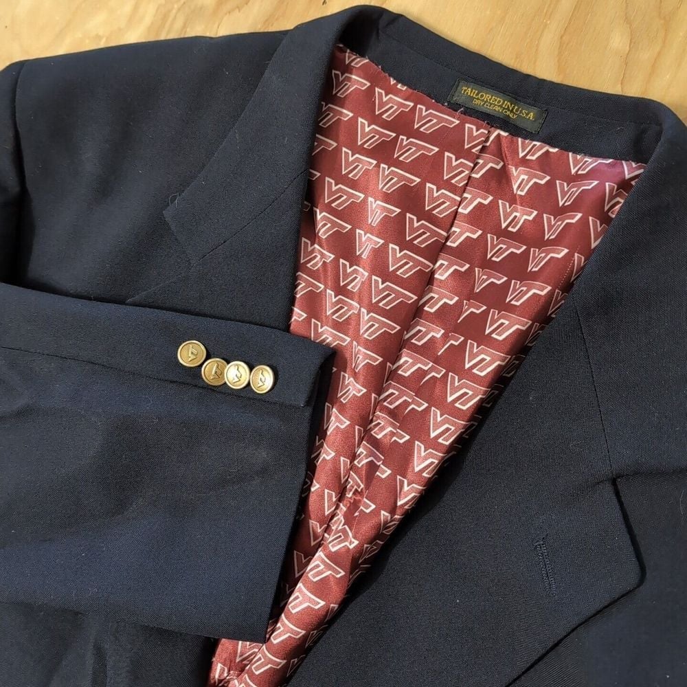 Mens Virginia Tech Blazer Jacket VG Gold Buttons Navy Blue Measurements In Photo