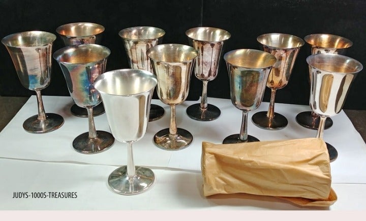12 CRESCENT WINE GOBLETS 5.50 TALL BOTTOM 2 DIAMETER STAMPED CRESCENT SILVER