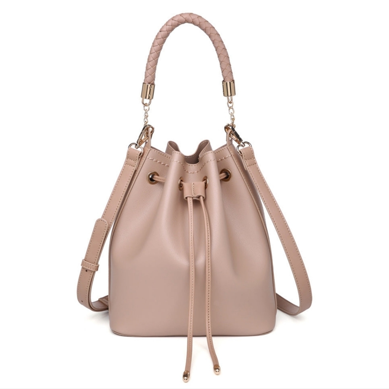 Urban Expressions Vegan Leather Bucket Bag - Woven Handle Neutral