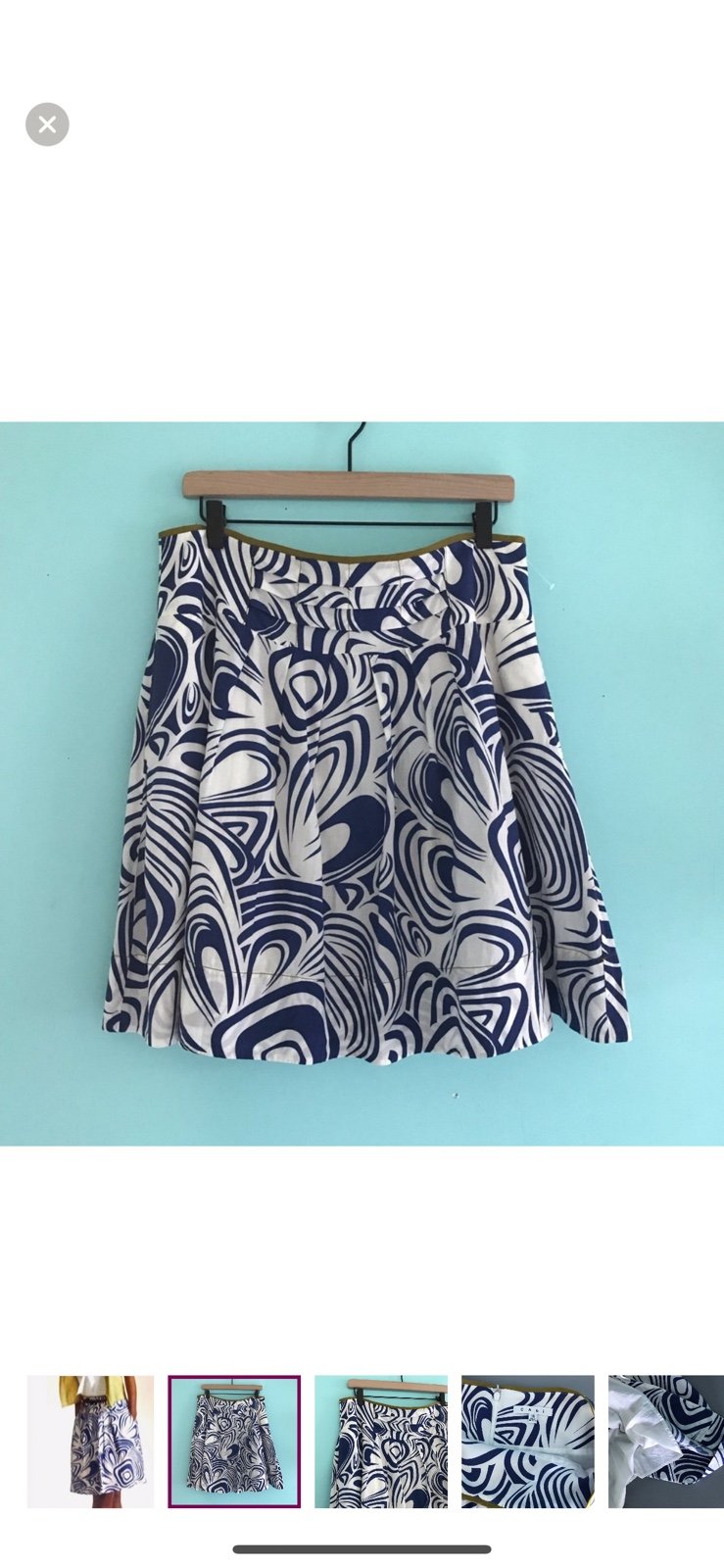 CAbi Lombard Geometric Swirl Pleated A-Line Skirt Blue 10 Pockets Mini Rare