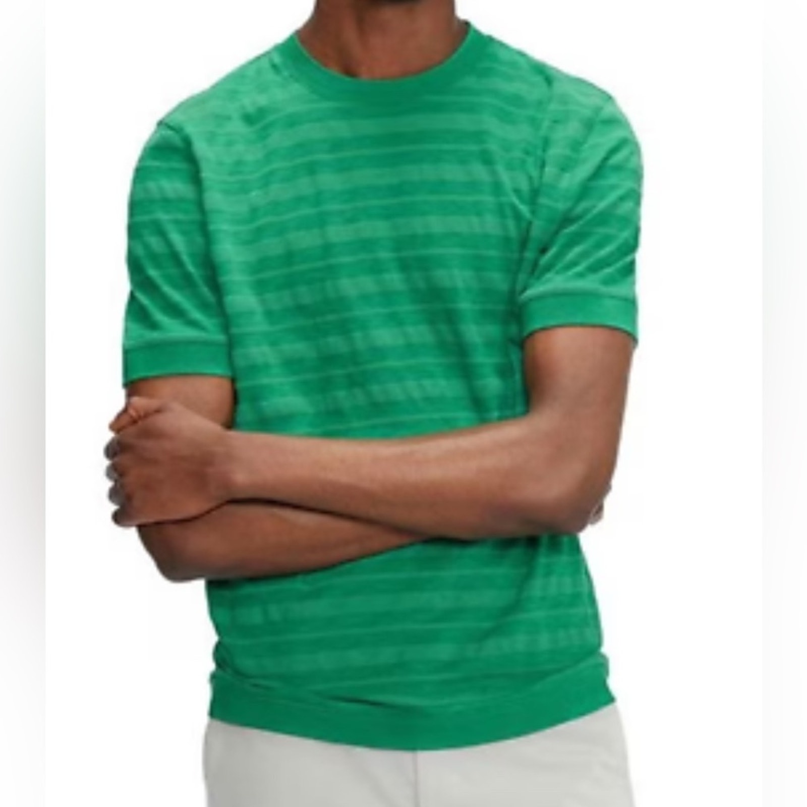Ted Baker Nekache T Shirt Mens 7 Leaf Green Textured Cotton Blend Striped Crew