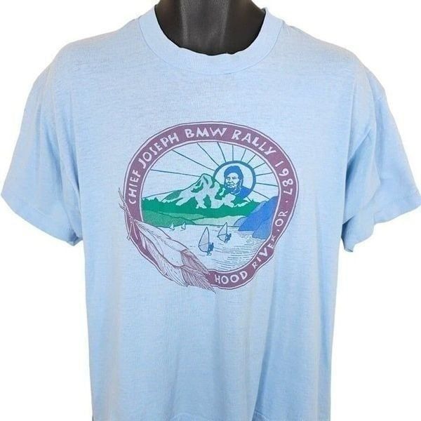Vintage Chief Joseph BMW Rally T Shirt Mens Size XL Blue 80s 1987 Hood River OR
