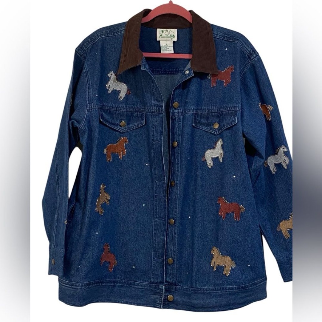 Quacker Factory Horse Themed Denim Jacket Barn Chore Coat