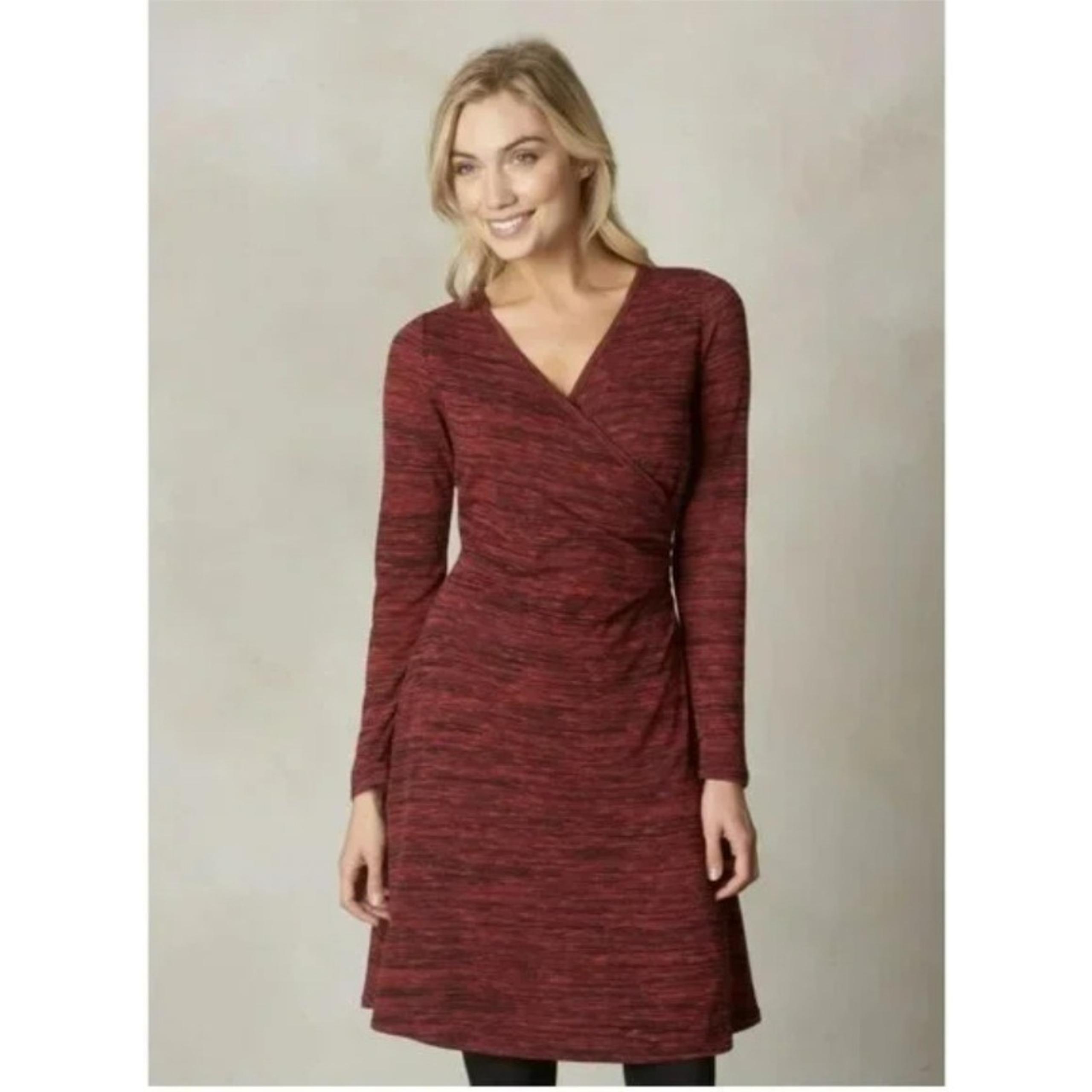 Prana Chic Wrap Dress Long Sleeve Casual Heathered Red Maroon Size S NWOT