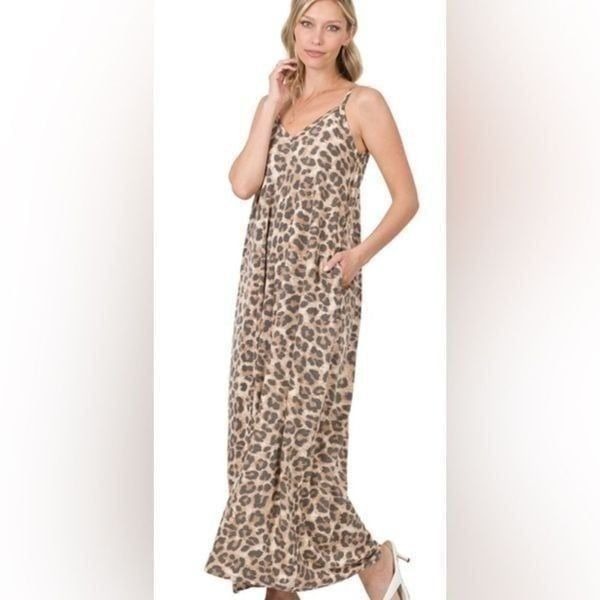 Zenana Leopard Print Soft French Terry Cami Boho Maxi Dress