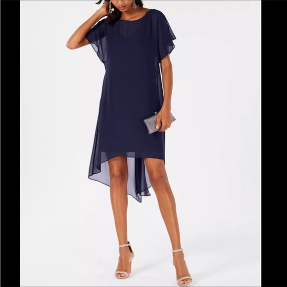 Adrianna Papell Chiffon-Overlay A-Line Dress Navy - Small