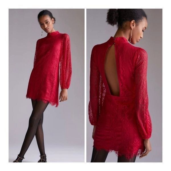 Maeve Open Back Lace Mini Dress Red Long Sleeve Size 4 NWOT