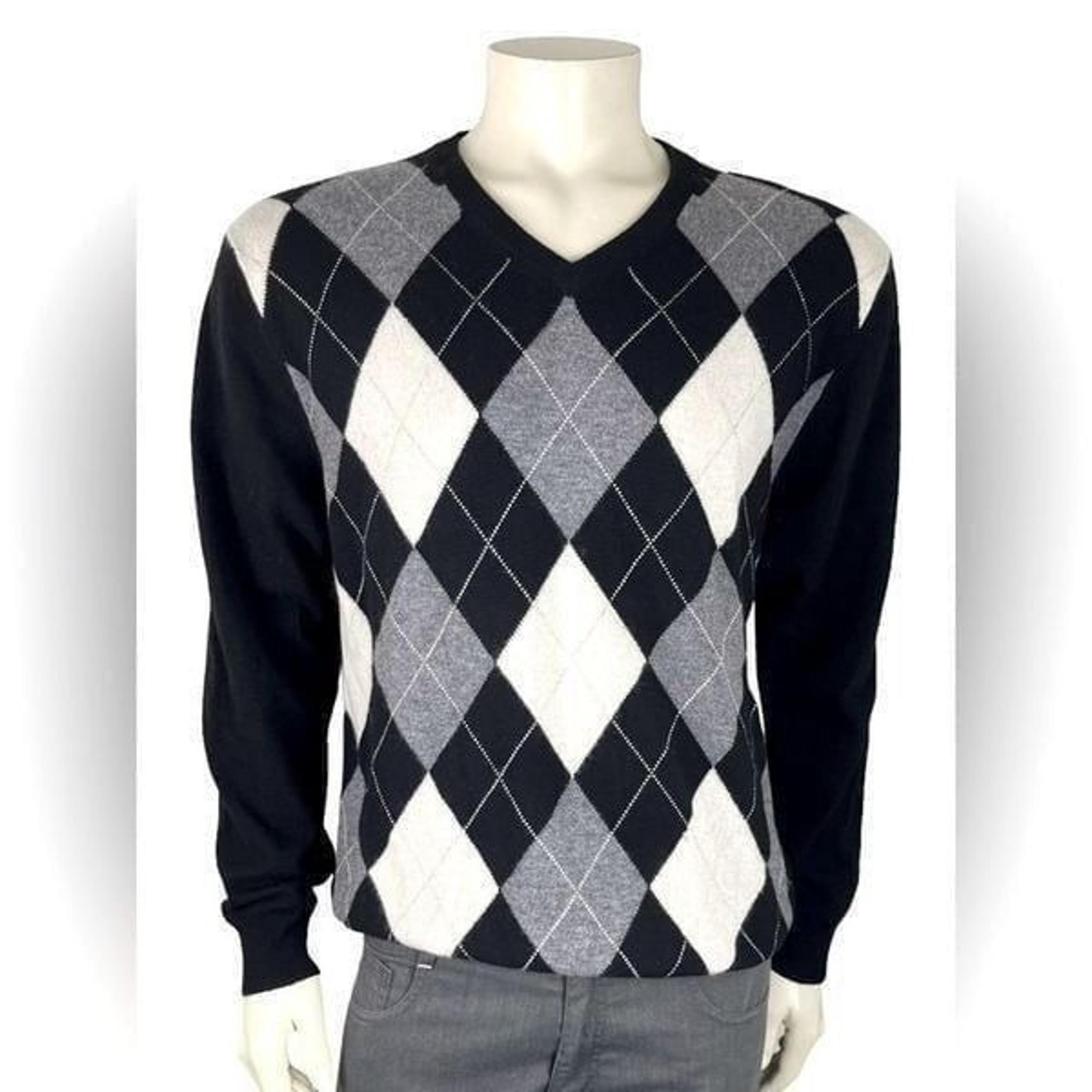 Alan Flusser V-Neck Argyle Sweater 100% Cashmere Size L Like New Condition