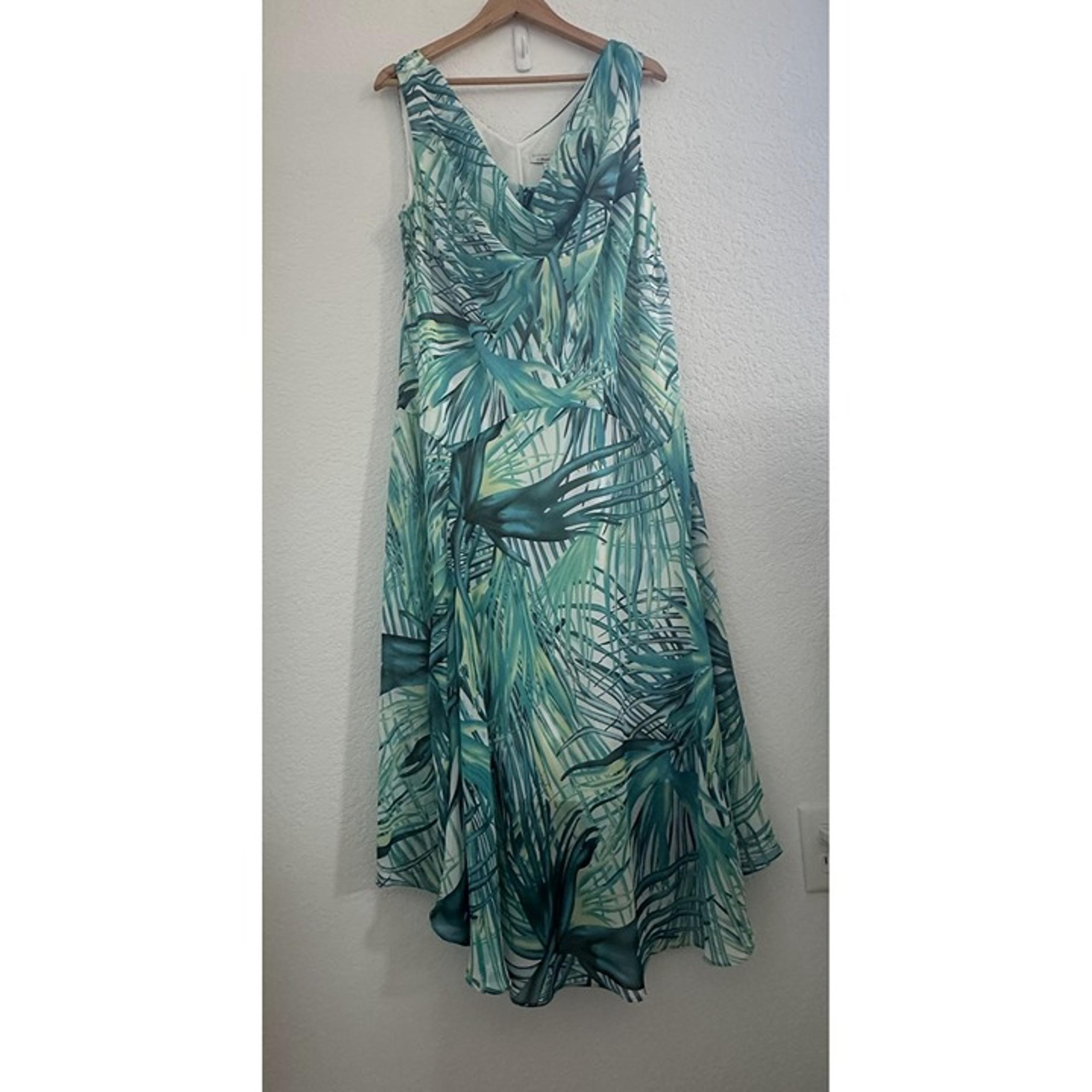 Vtg Signature by Robbie Bee Cowl Neck Midi Dress Womens L Palm Leaf 90s Resort